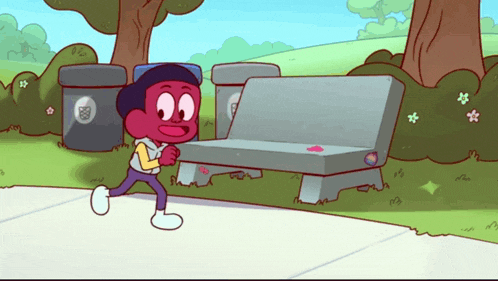 a cartoon character is running towards a park bench with a trash can that says rb on it