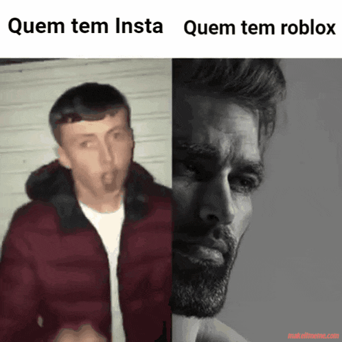 a man in a red jacket is next to a man with a beard and the caption quem tem insta and quem tem roblox
