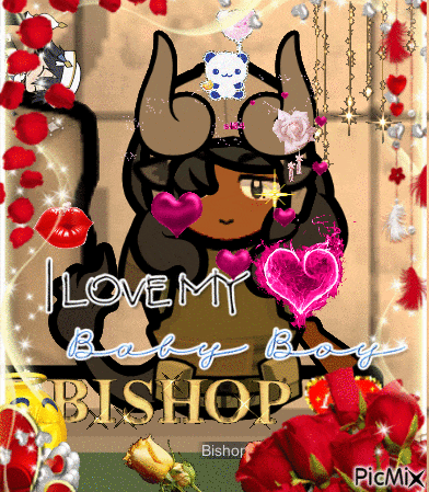 a cartoon of a girl with horns and hearts says i love my baby boy bishop