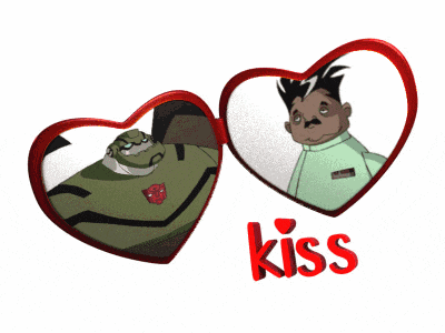 a picture of two cartoon characters with the word kiss in red