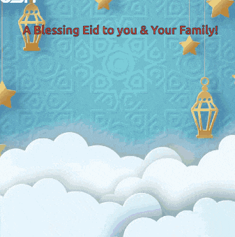 a blue background with white clouds and lanterns with the words a blessing eid to you and your family