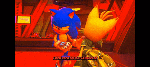 sonic the hedgehog is talking to tails in a video game and says i know you 're not really a hugger