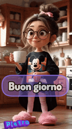 a girl in a mickey mouse shirt is holding a cup of coffee and says buon giorno