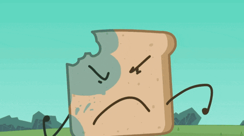 a cartoon drawing of a slice of bread and a green object