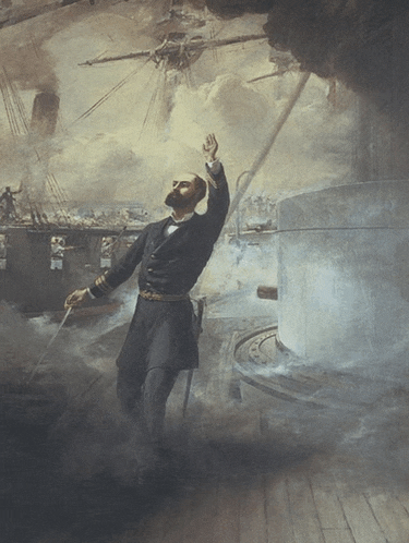 a painting of a man standing on a ship with a sword in his hand