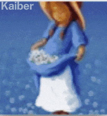a painting of a girl in a blue dress with the name kaiber at the top