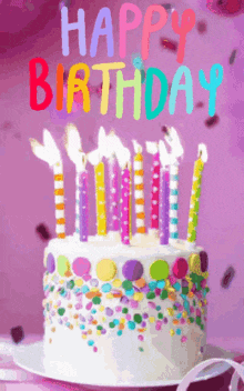 a birthday cake with candles and confetti and the words happy birthday