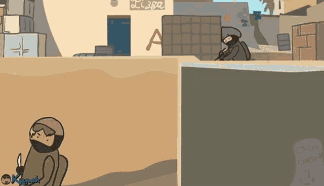 a cartoon of a man holding a knife in front of a sign that says ' plaza ' on it