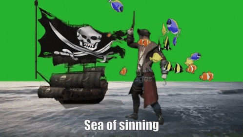 a pirate is standing in front of a pirate ship and the words sea of sinning