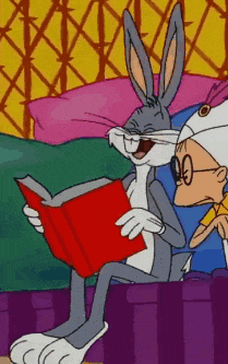 a cartoon of bugs bunny reading a book next to another cartoon character