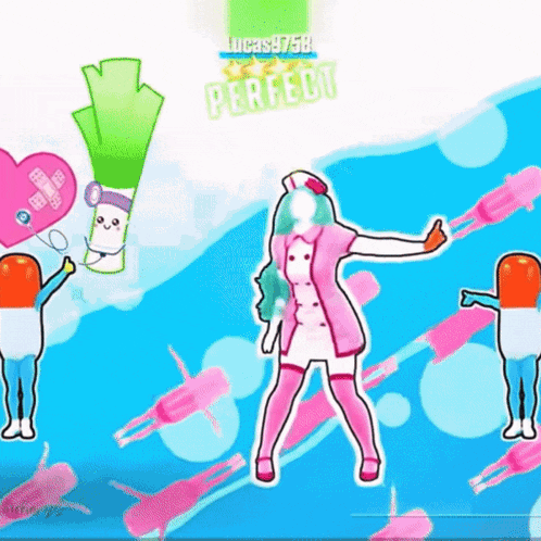 a video game screen shows a nurse dancing with lucas9758 perfect written above her