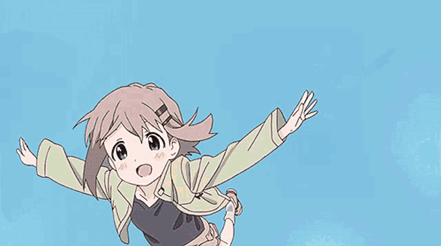 a girl with glasses and long hair is flying through the air