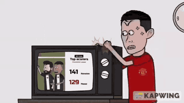 a man in a red shirt is standing in front of a television .