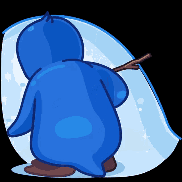 a blue penguin is standing in front of a piece of ice holding a stick