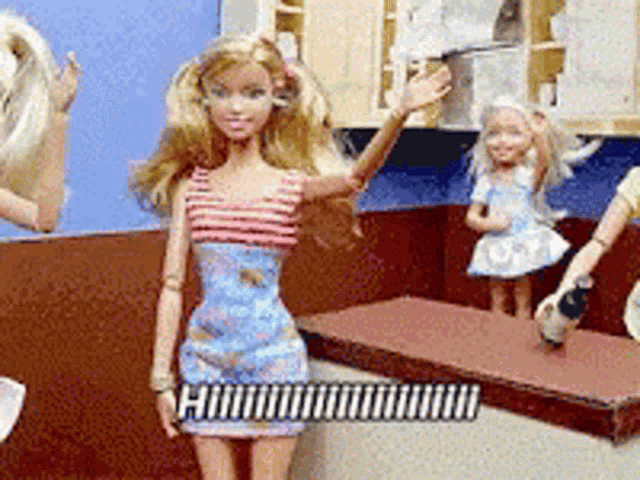 a barbie doll is standing in a kitchen and says hmm