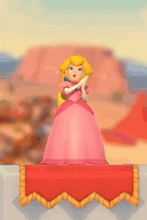 a cartoon of princess peach standing on a podium with a sword in her hand .
