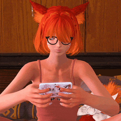 a girl with red hair and glasses is holding a cell phone with a picture of a fox on the cover