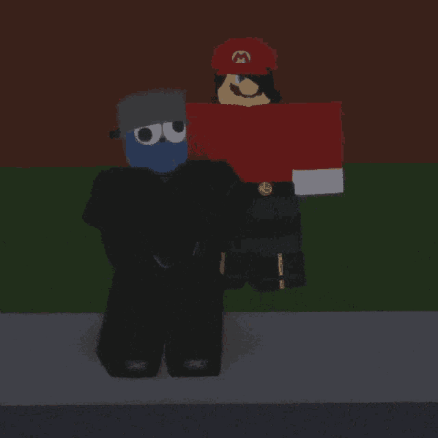 a cartoon character wearing a red hat with the letter m on it is carrying another character