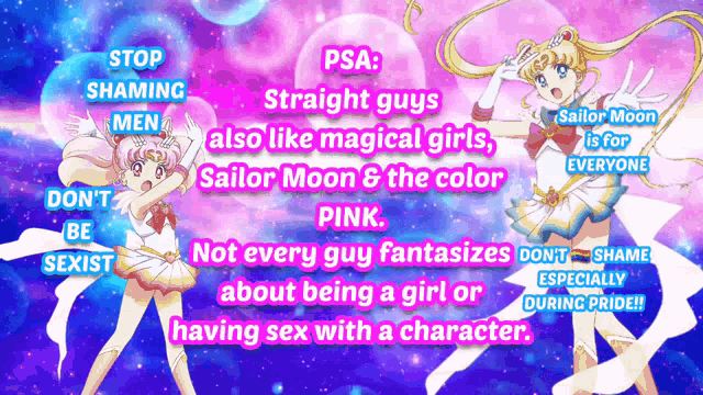 a poster that says stop shaming men also like magical girls sailor moon & the color pink
