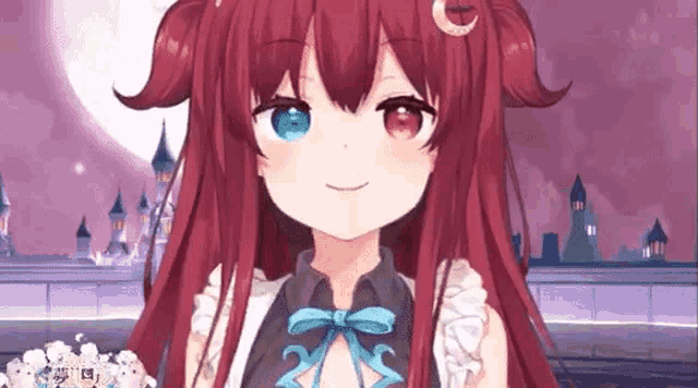 a cute anime girl with red hair and blue eyes is smiling in front of a castle .