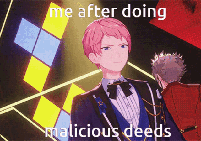a picture of a man in a tuxedo with the words me after doing malicious deeds