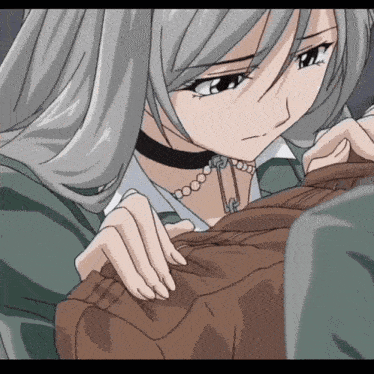 a girl with gray hair and a choker looks down