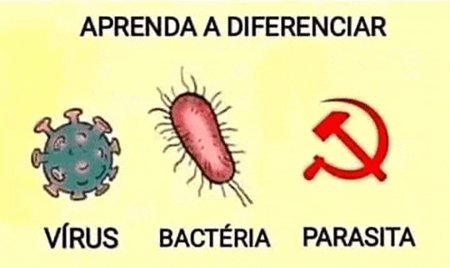 a cartoon of a virus , bacteria , and parasita with a hammer and sickle on a yellow background .