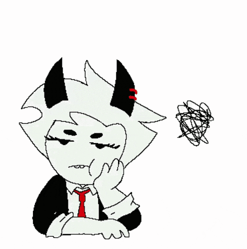 a drawing of a cat with horns and a red tie