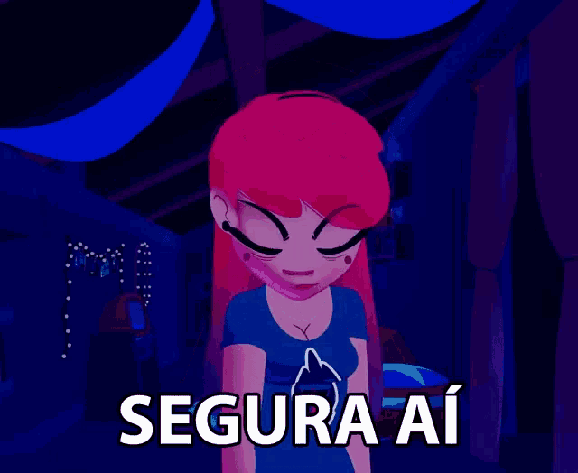 a cartoon girl with red hair says segura ai in white letters