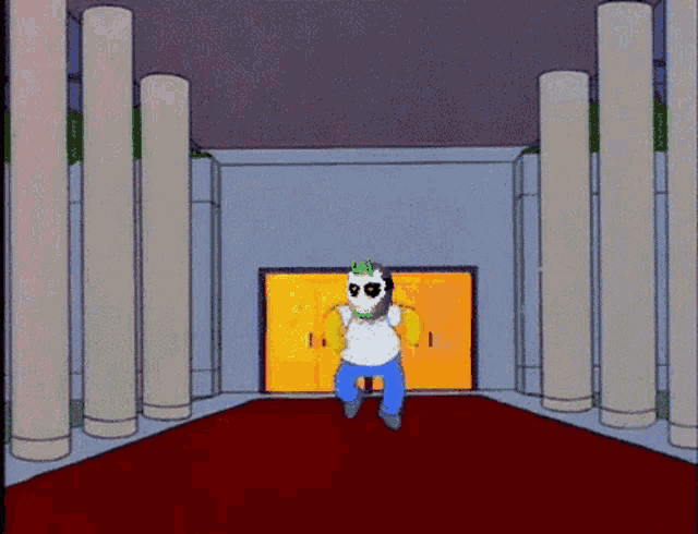 a cartoon of homer simpson wearing a mask dancing in a room with columns