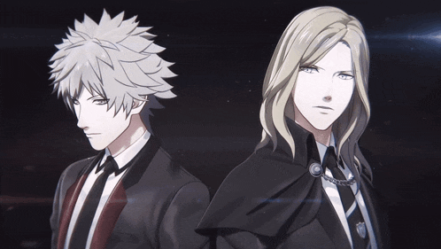 two anime characters standing next to each other with one wearing a black cape