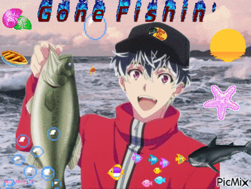 a picture of a boy holding a fish with the words gone fishin ' on the bottom