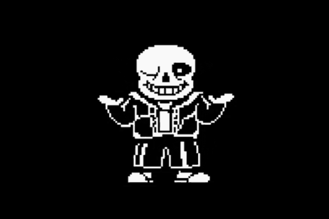 a black and white pixel art of sans from undertale standing with his arms outstretched .