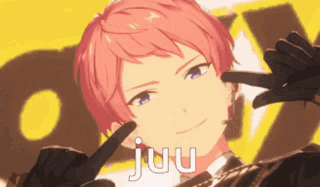 a boy with pink hair and blue eyes is making a peace sign