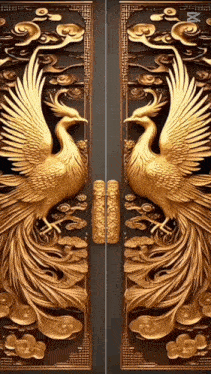 a pair of doors with a gold phoenix design on them