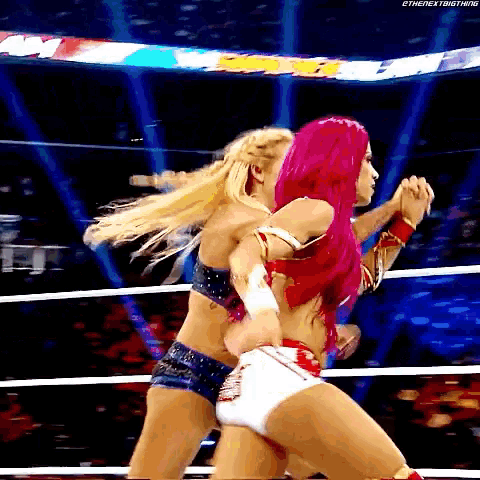 two women are wrestling in a wrestling ring and one has pink hair .