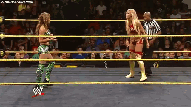 two women are wrestling in a ring with a referee and a watermark that says the next big thing