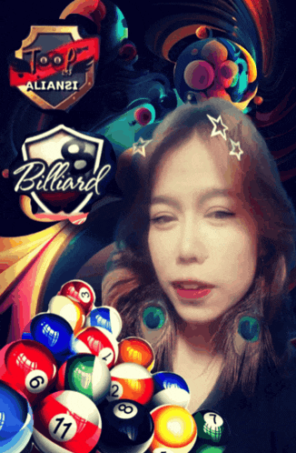 a woman is surrounded by pool balls with the word billiard on the top