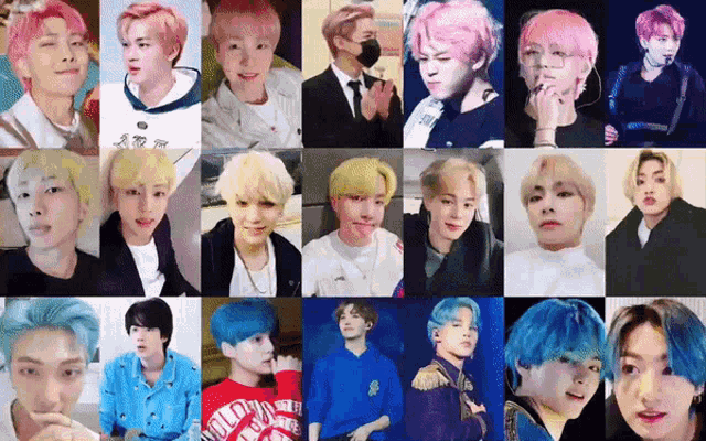 a collage of photos of a group of young men with different hair colors