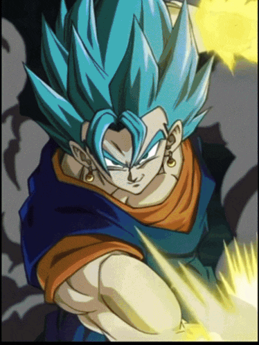 a cartoon character with blue hair and orange arms
