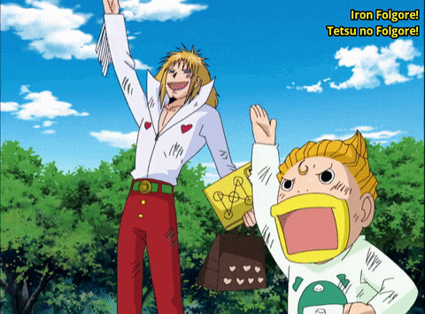 a cartoon of a man and a boy with the words iron folgore tetsu no folgore above them