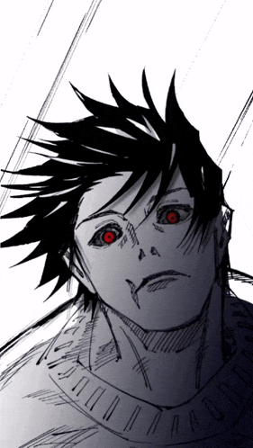 a drawing of a person with red eyes