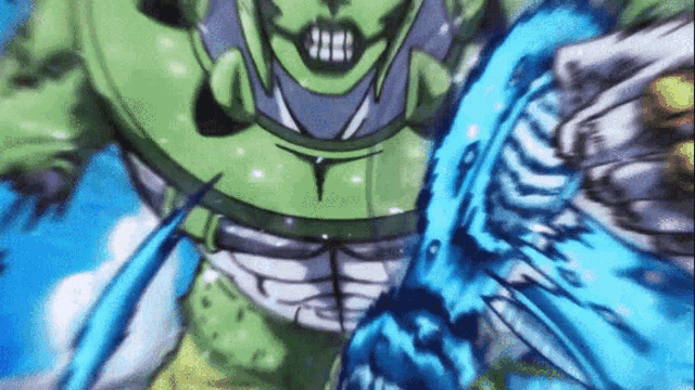 a close up of a cartoon character holding a blue object in his hand .