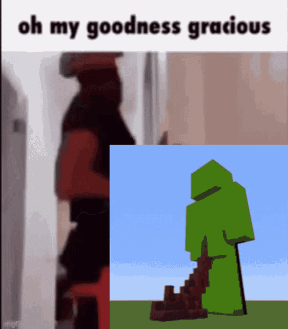 a picture of a man standing next to a picture of a minecraft character with the caption oh my goodness gracious