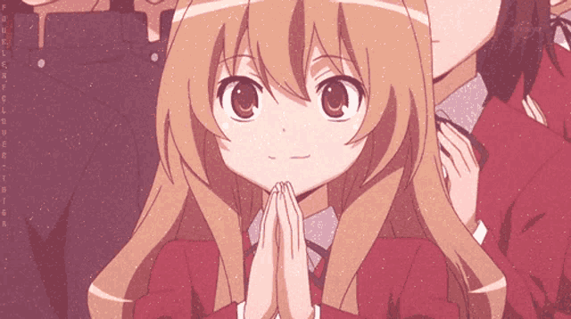 a girl with her hands folded in front of her face is surrounded by a group of anime characters
