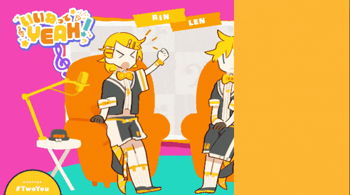 a cartoon drawing of rin and len with the words yeah on the top