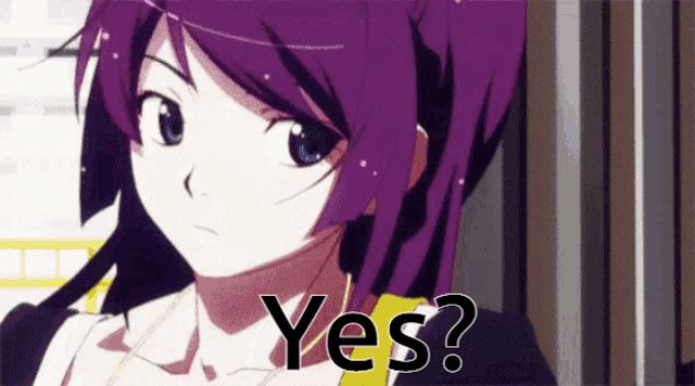 a girl with purple hair and blue eyes is asking yes