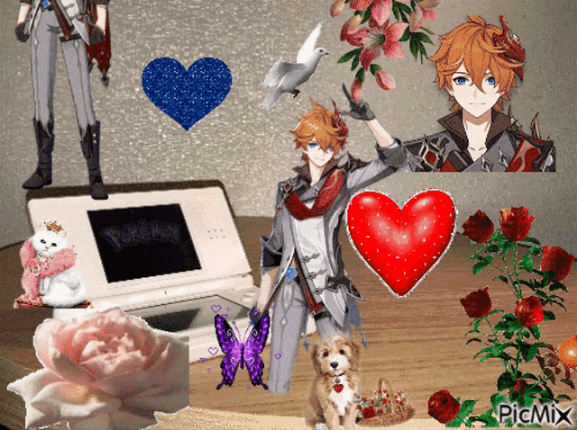 a picture of a boy holding a bird and a heart with the words picmix on the bottom right