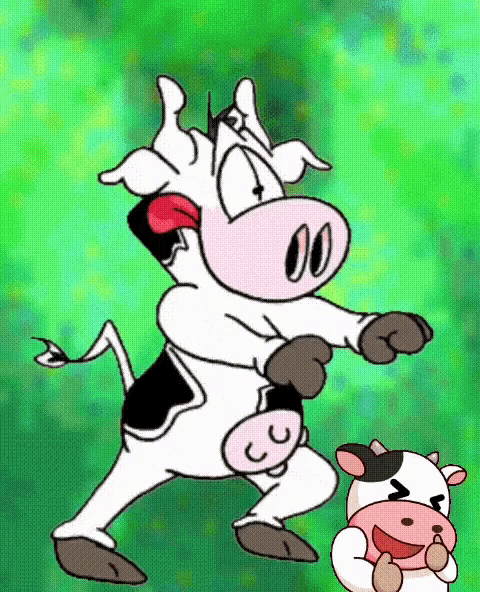 a cartoon cow is standing next to a baby cow