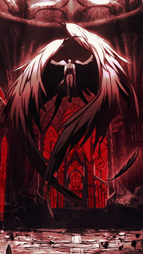 a man with wings is standing in front of a red cathedral